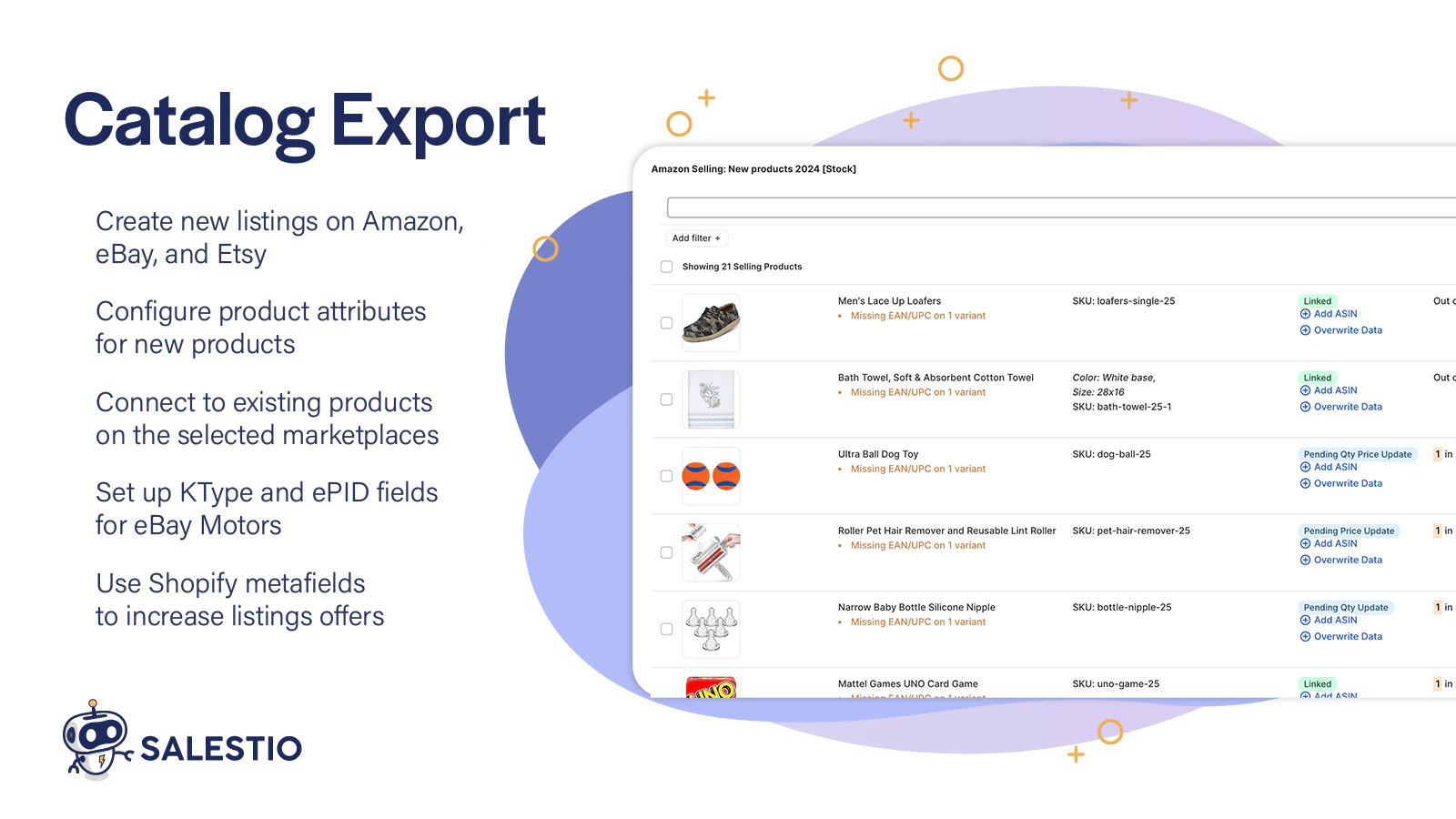 Salestio catalog export screen creating new marketplace listings from Shopify products