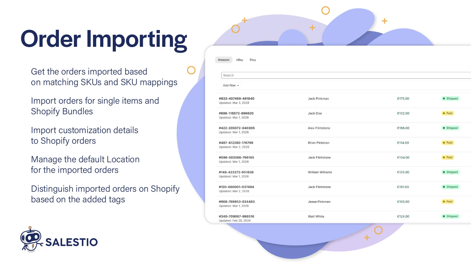 Salestio order importing screen listing Amazon, eBay and Etsy orders
