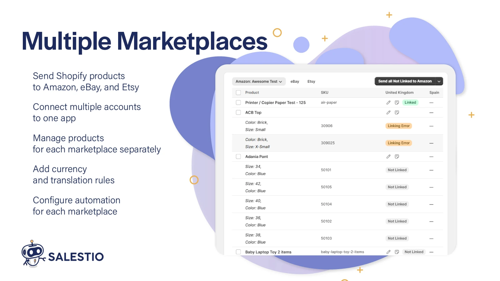 Salestio multiple marketplaces view showing product linking status per channel