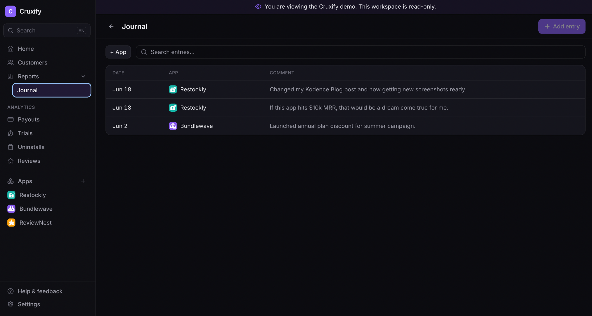 Cruxify Journal showing dated entries logged against specific Shopify apps