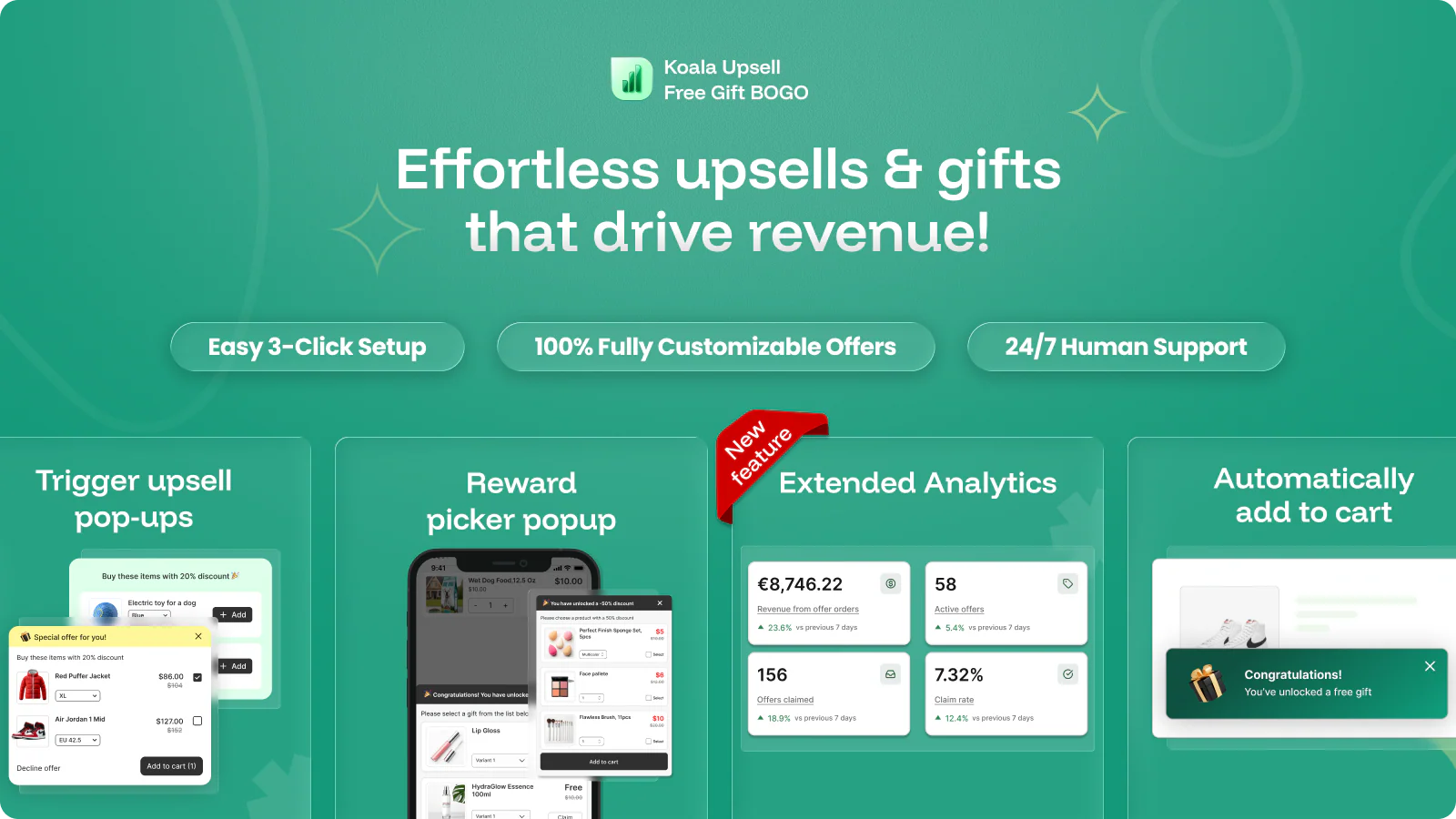 Koala Upsell Free Gift BOGO product features: trigger upsell pop-ups, reward picker popup, extended analytics, automatically add to cart
