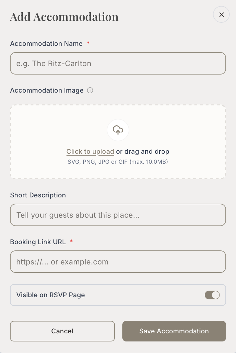 Accommodation management screen with hotel details, booking URL and visibility toggle
