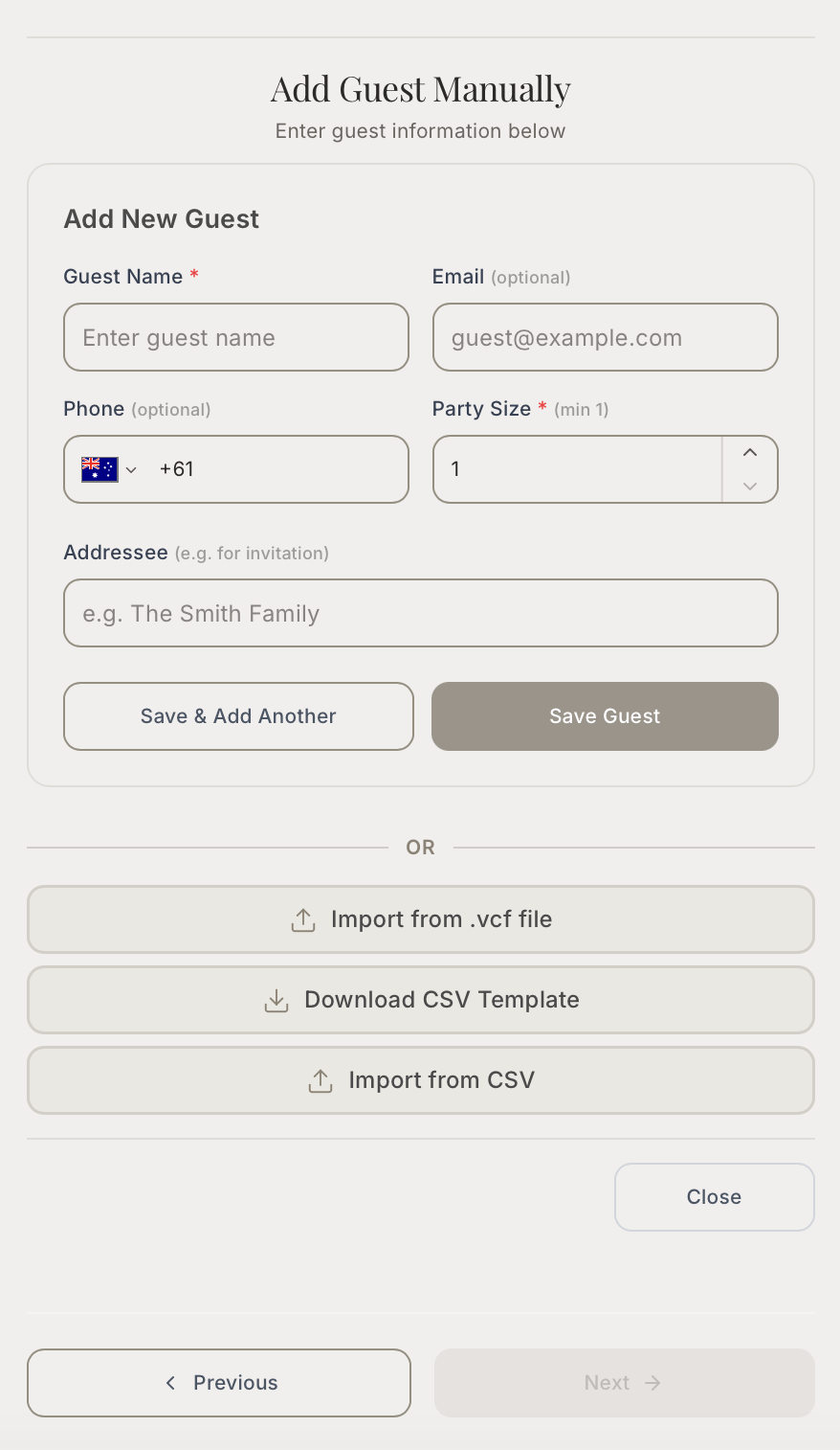 Manual guest entry alongside CSV and vCard import options in RSVPeasy