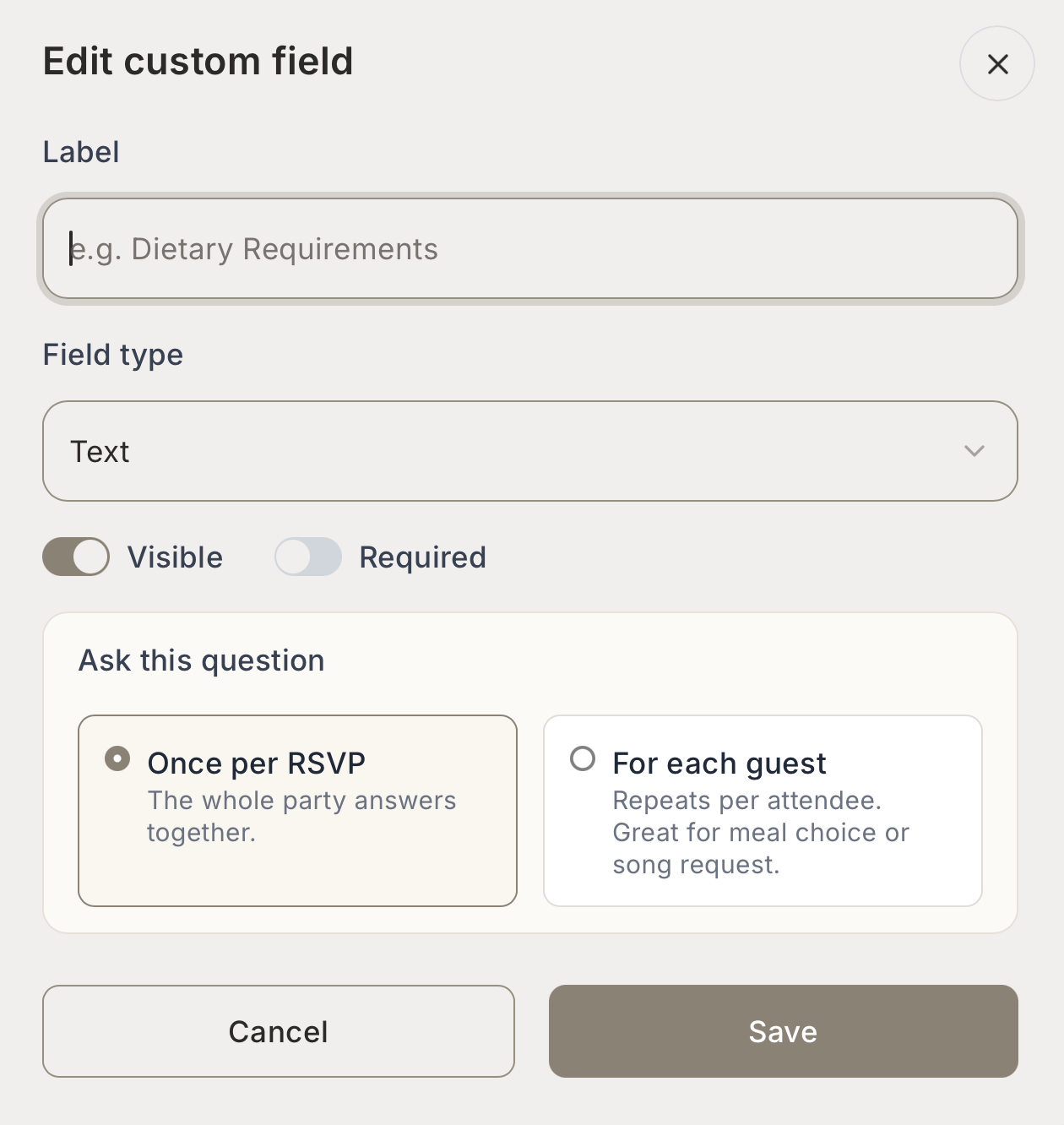 Custom field builder with per-RSVP and per-guest question options