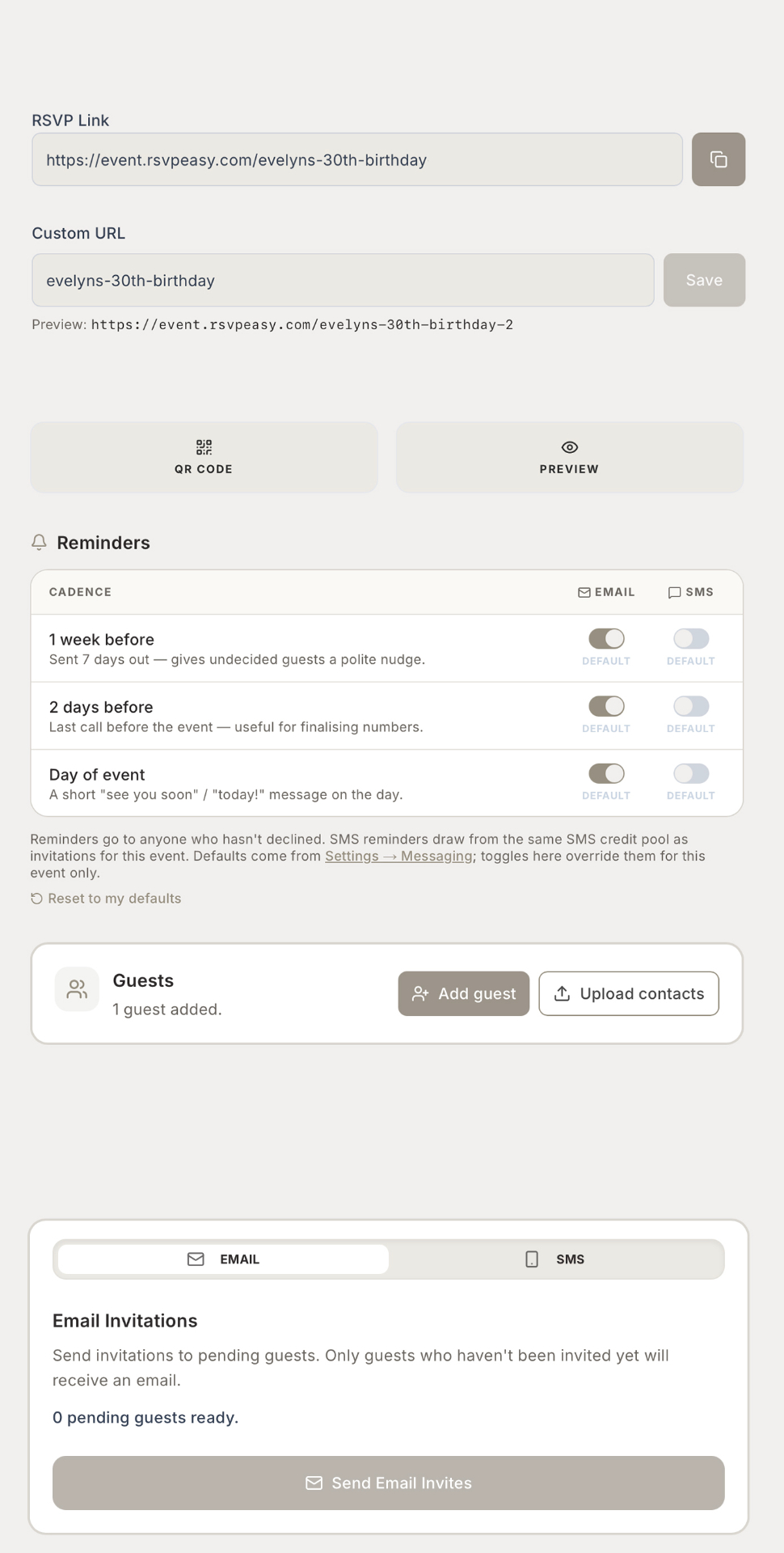 RSVP link, custom URL editor, QR code and preview controls in RSVPeasy