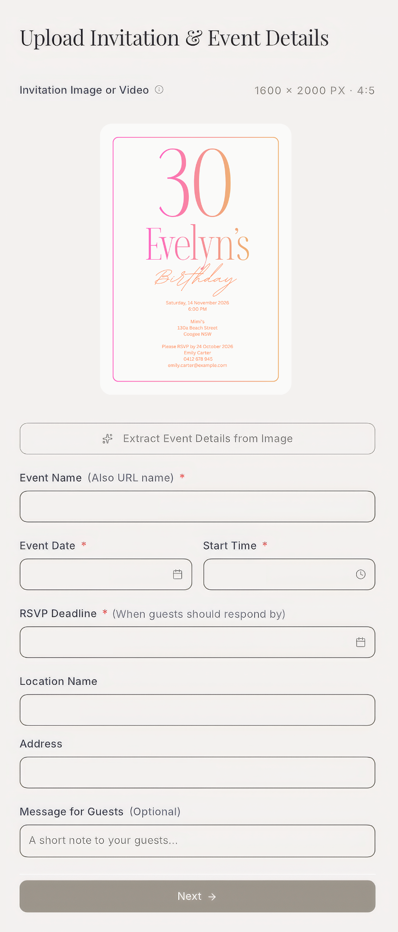 RSVPeasy event creation screen with invitation upload and event details