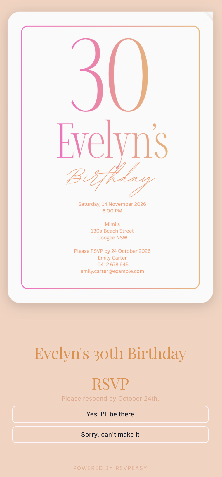 How guests see the uploaded invitation on the RSVPeasy RSVP page